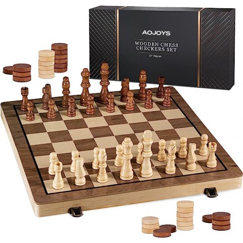 AOJOYS 15" Wooden Chess Sets - Chess & Checkers Board Game | with 2 Extra Queens | Wooden Chess Set | Chess Board Set | Chess Sets for Adults | Chess Sets for Adults & Kids | Checkers Game for Kids & Adults