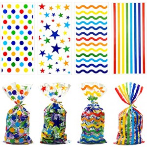 WEBSUN 160 pcs Rainbow Cellophane Treat Bags,Goodie Candy Favor Bags with Ties for Pride Day Kids School Lunches Baby Shower Birthday Party Supplies,Confectioners' decorating bags