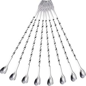 WEBSUN 8 Pieces Cocktail Spoon Stirring Bar Mixing Long Spoon Stainless Steel Spiral Pattern Cocktail Stirrers Spoons, 10 Inch