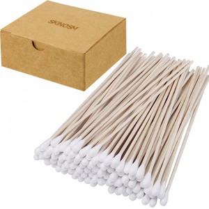 SKINOSM 6" Cotton Swabs Wooden Handles Cotton Tipped Applicator Wood Sticks with Single Tip for Gun Cleaning, Wound Clean, Make-up Removing Appliances (500)