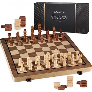 AOJOYS 15" Wooden Chess Sets - Chess & Checkers Board Game | with 2 Extra Queens | Wooden Chess Set | Chess Board Set | Chess Sets for Adults | Chess Sets for Adults & Kids | Checkers Game for Kids & Adults